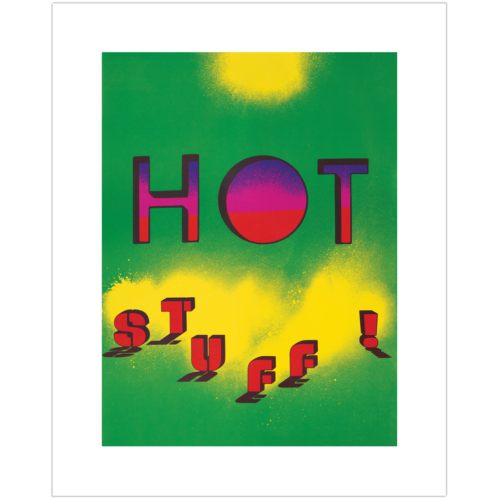 Vintage graphic of "Hot Stuff!" in colorful text on a bold green background.