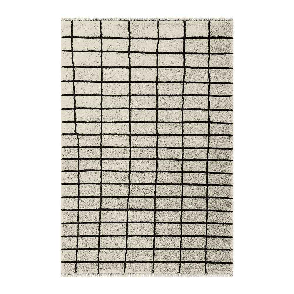 Rug with black grid pattern on a white background