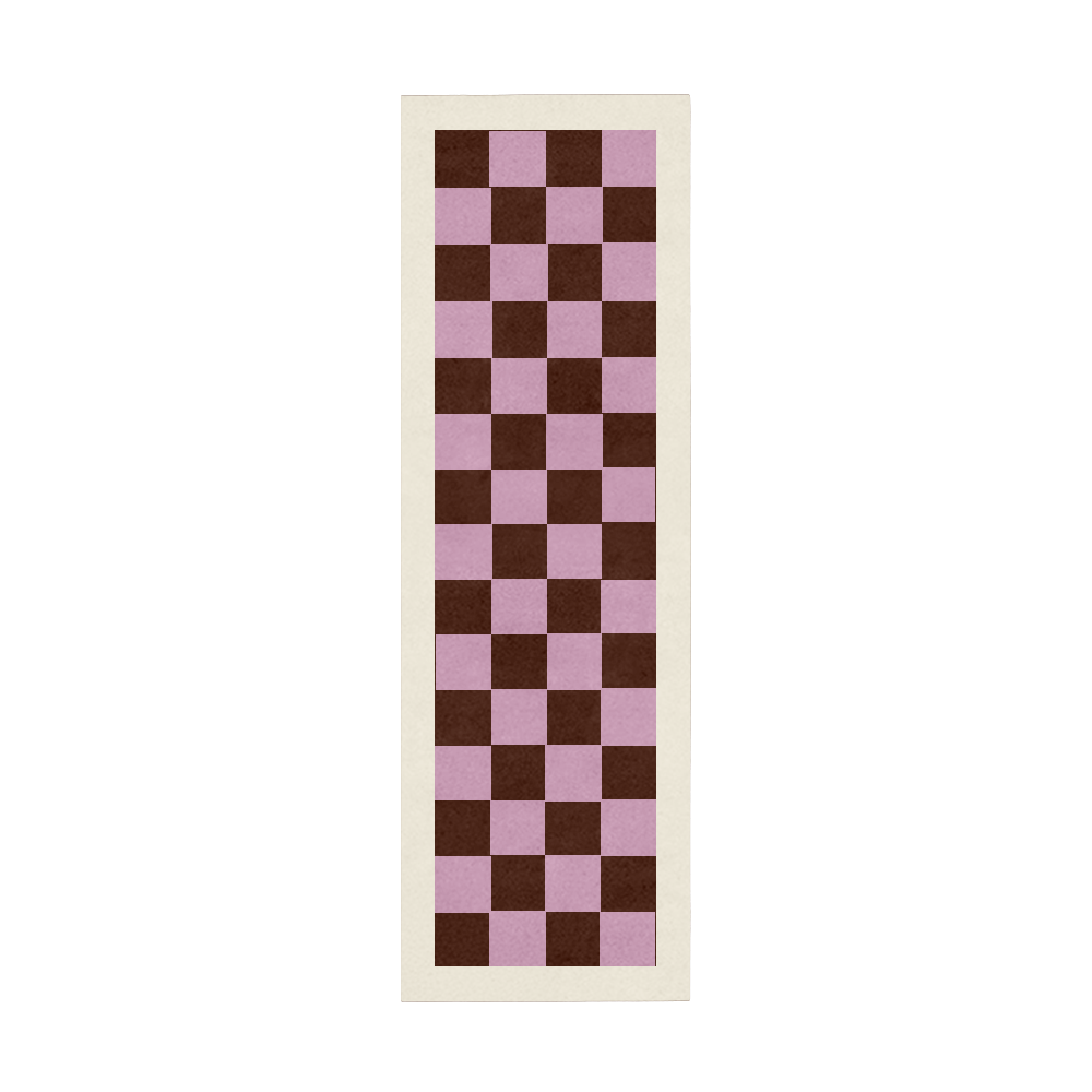 Checkered rug with brown and pink squares on a white background