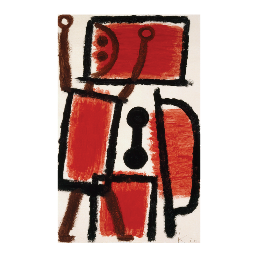 Art print of "Locksmith (1940)" by Paul Klee depicting a humorous red square figure with a black outline and smiley face.