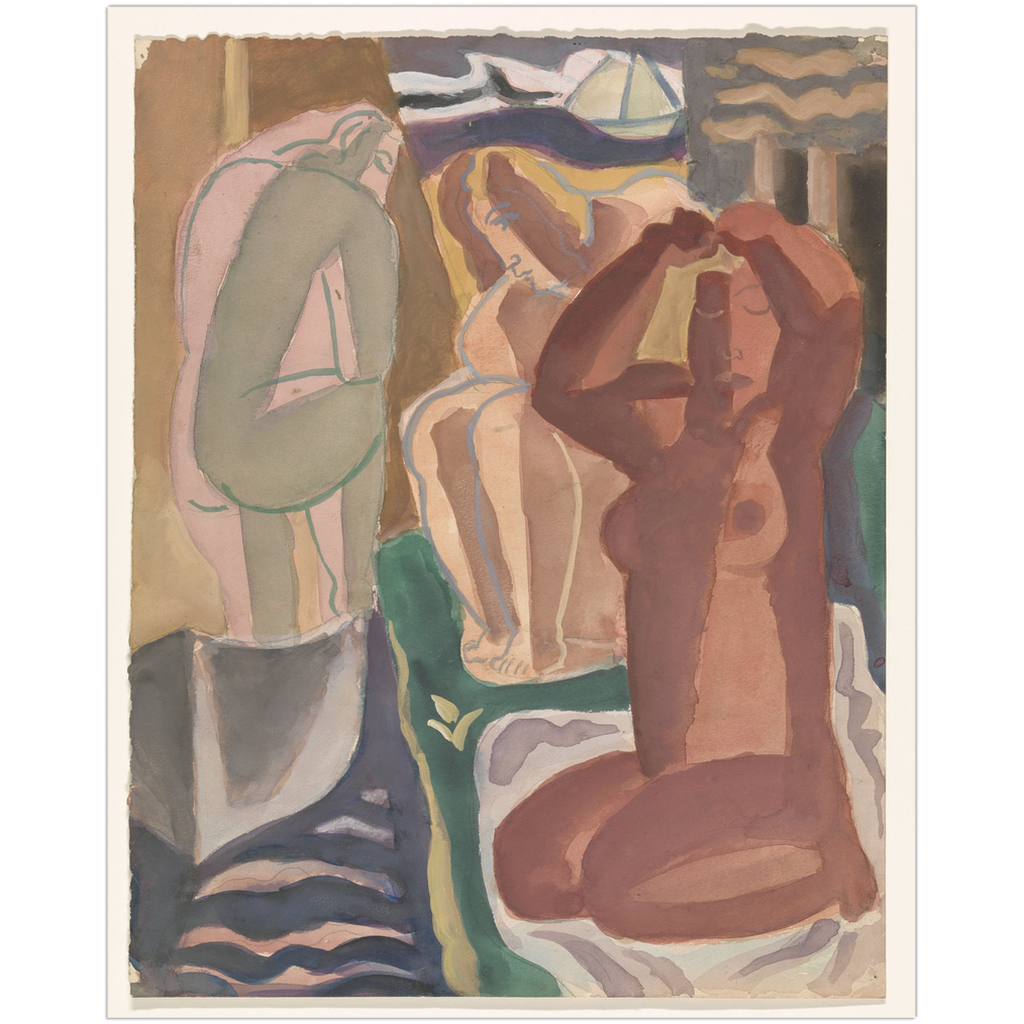 Close-up of Two Bathing Women vintage wall art print, showcasing texture and brushstrokes.
