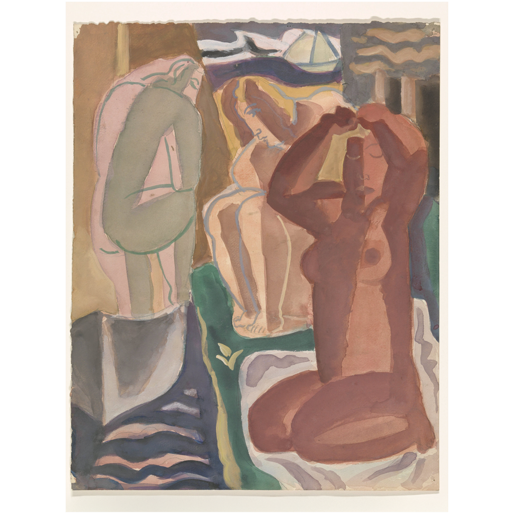 Vintage abstract painting print by Leo Gestel featuring Two Bathing Women with earthy tones and geometric forms.
