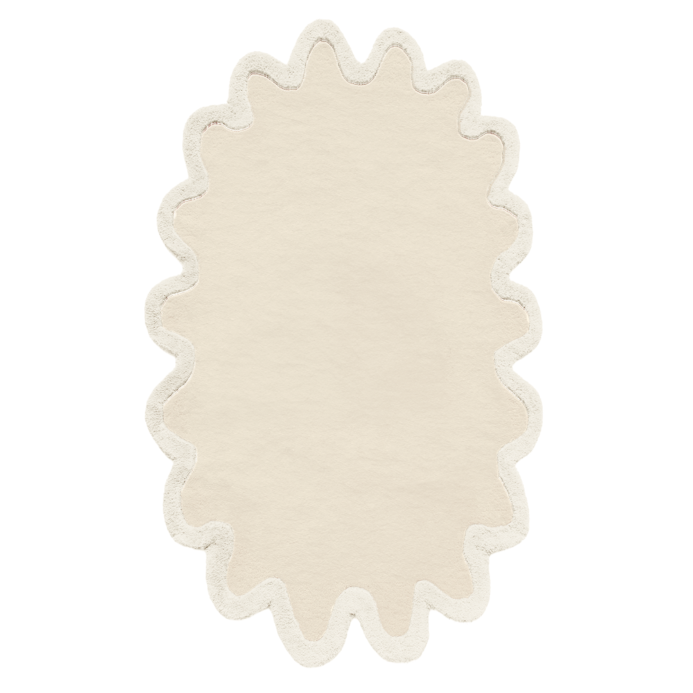 Cream oval area rug with scalloped wavy edge, neutral organic wool rug