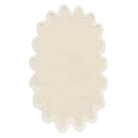 Cream oval area rug with scalloped wavy edge, neutral organic wool rug