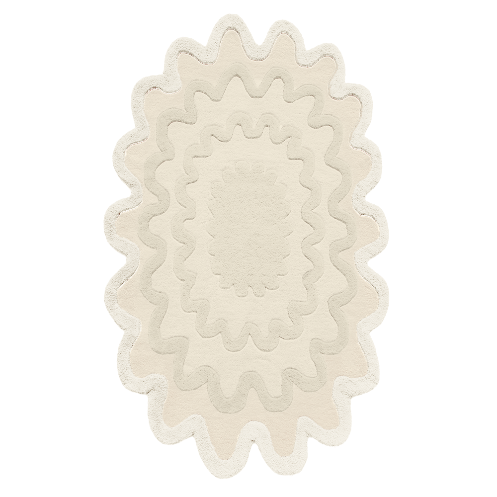 Ivory scalloped wool rug, modern organic wool rug for neutral bedrooms and farmhouse decor