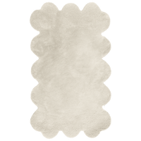 Cream white scalloped edge rug, neutral organic modern wool rug for living rooms