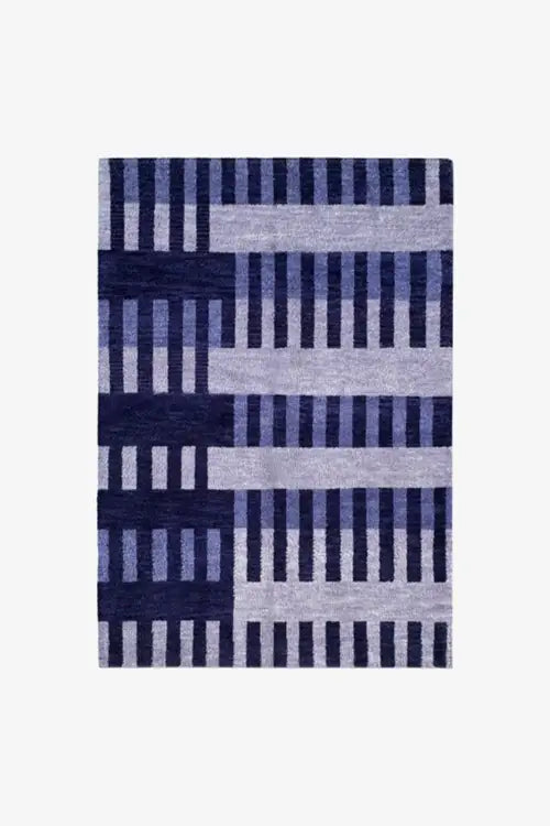 6x9 blue rug with striped geometric pattern hand knotted in wool