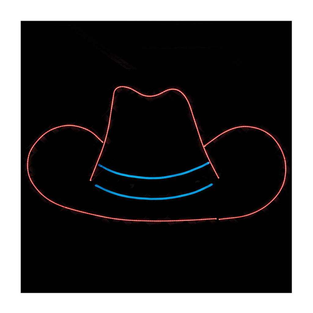 Square art print of 'Neon Cowboy Hat', featuring a bold black background with a simple thin outline of a cowboy hat.