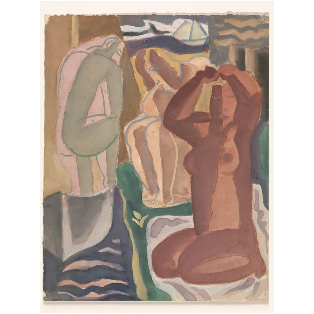 Vintage abstract painting print by Leo Gestel featuring Two Bathing Women with earthy tones and geometric forms.
