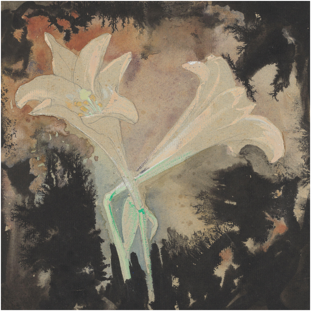 Vintage floral still life painting by Leo Gestel featuring lilies with an abstract background.
