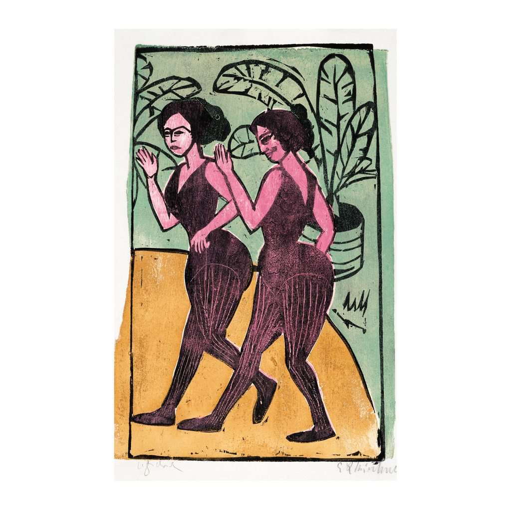 Art print of 'English Step Dancers' by Ernst Ludwig Kirchner, showcasing two pink women figures dancing against a green and tan backdrop