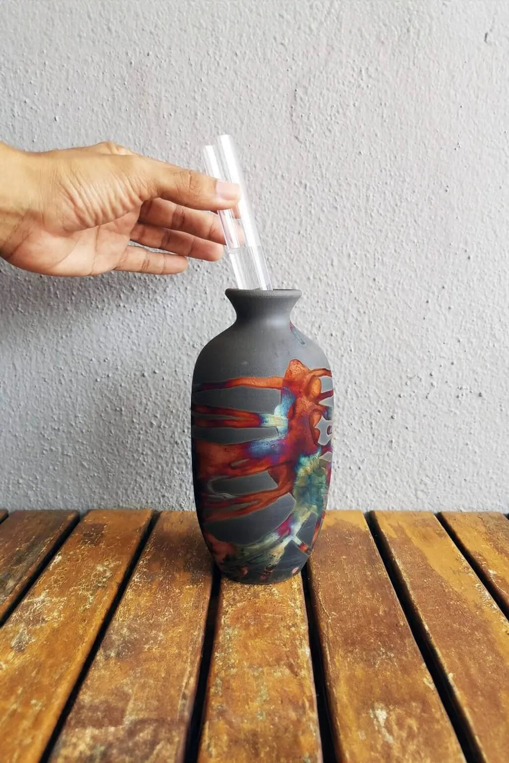 Raku Pottery Vase with Water Tube