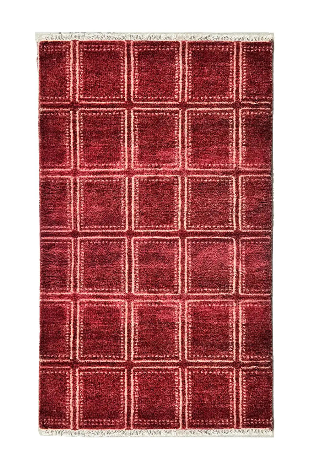 Modern wool rug featuring a brick red graphic square geometric grid design