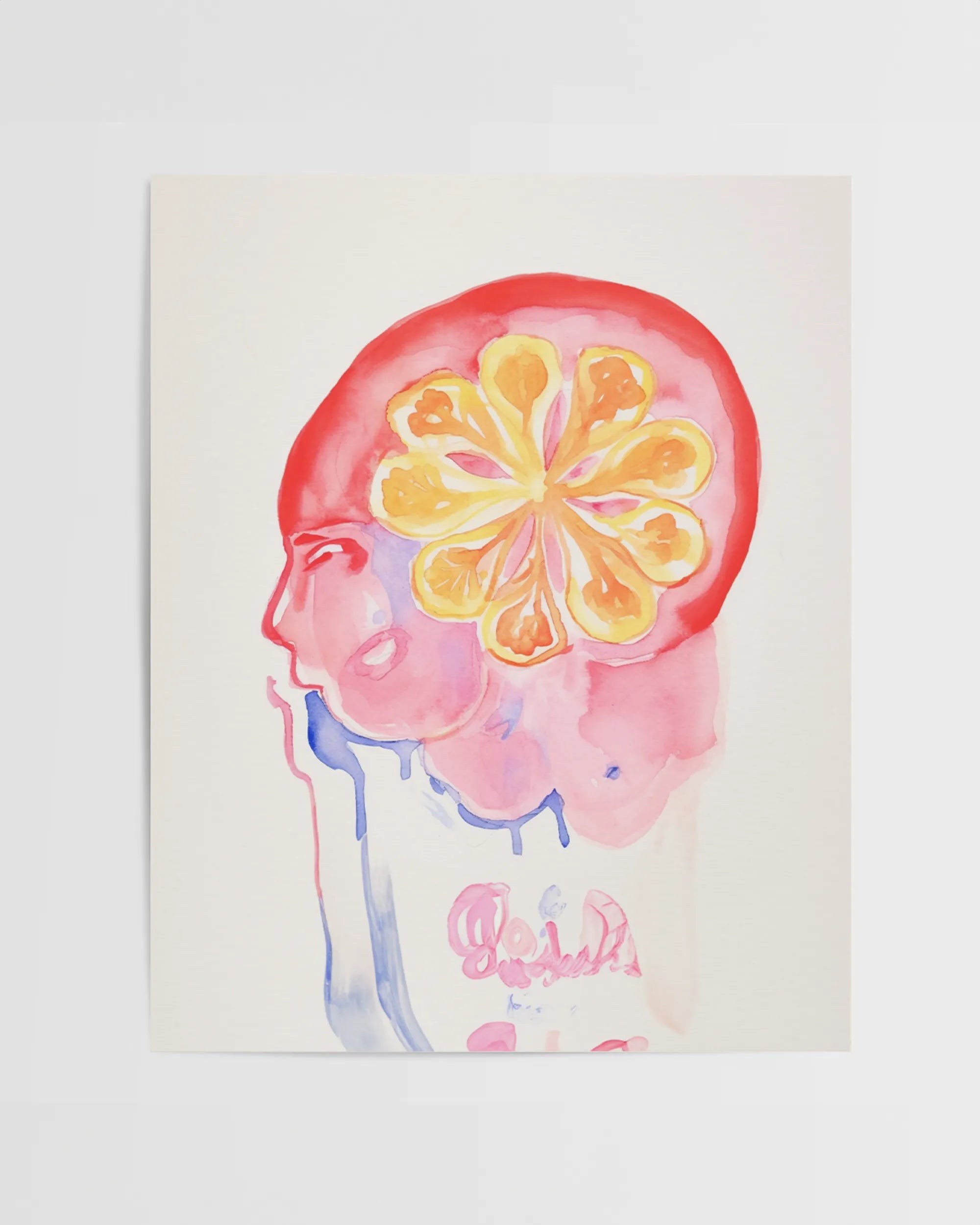 Watercolor art print of a red head with brain made of orange fruit slices on a tan background.