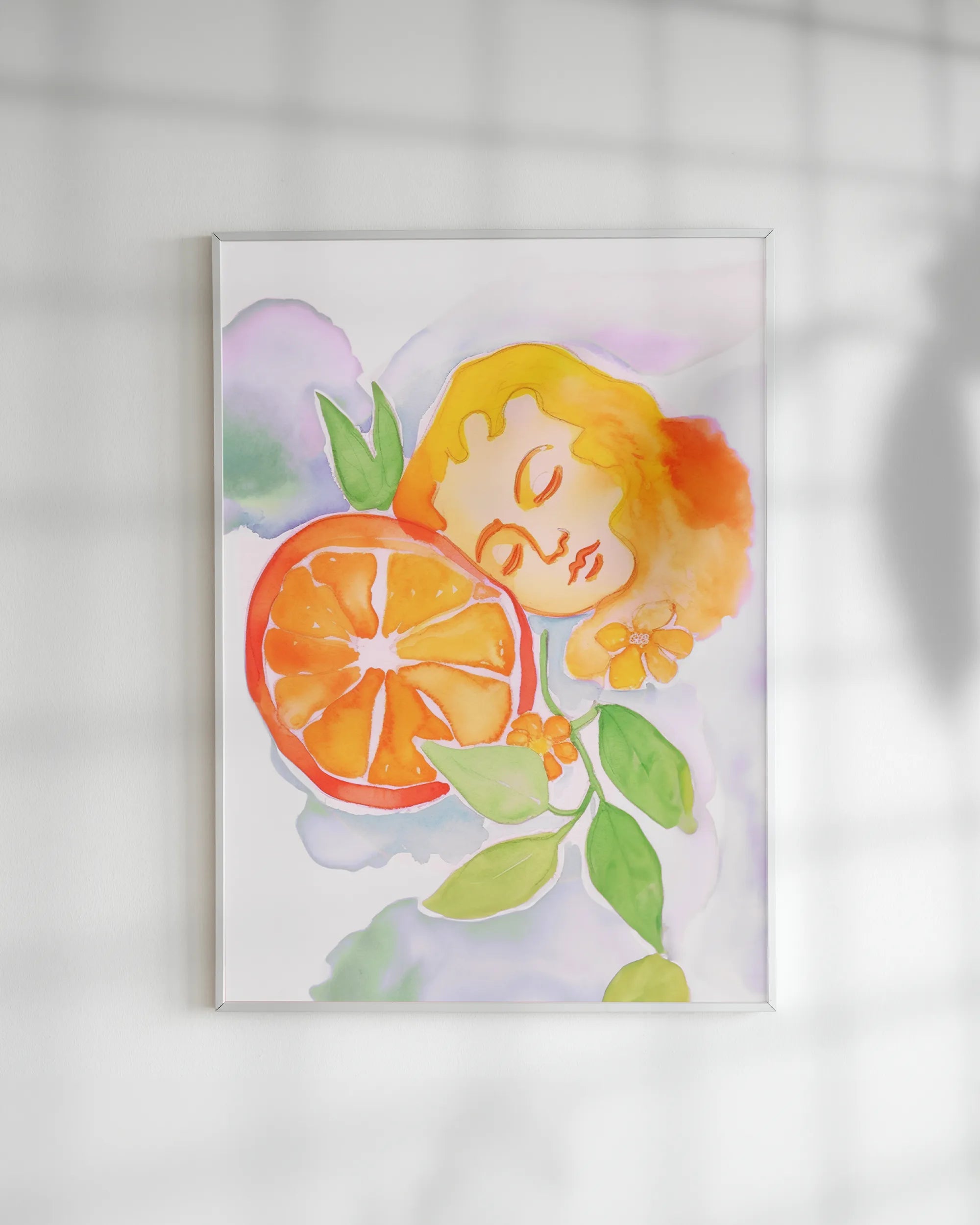 Orange-inspired watercolor painting - Orange Aura Art Print from the Fruit Whisperings series.
