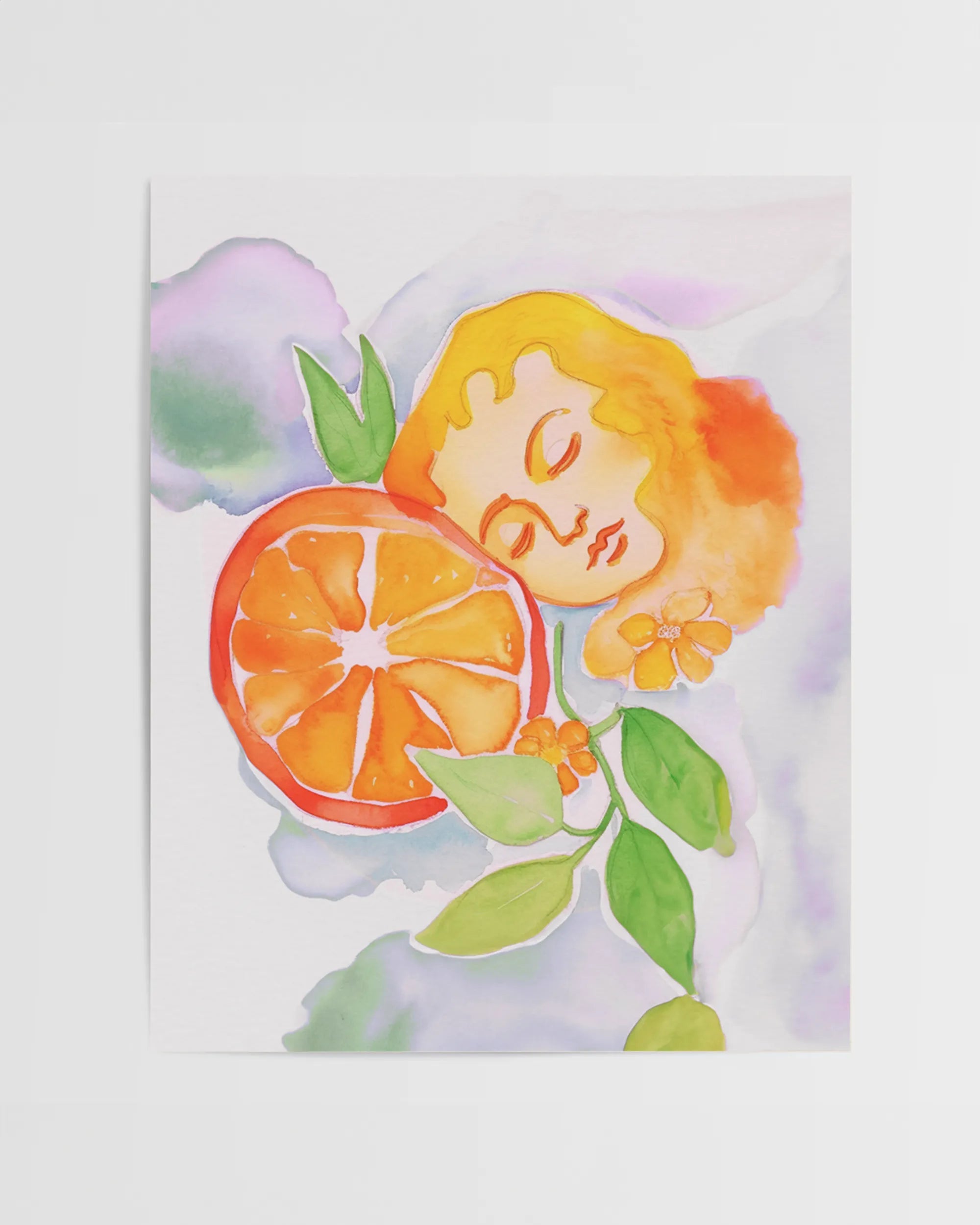Orange-inspired watercolor painting - Orange Aura Art Print from the Fruit Whisperings series.