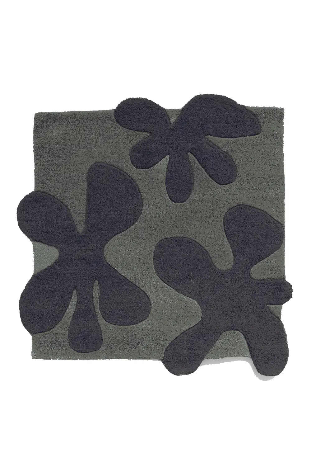 Flatlay of Blossom 3D Square Tufted Rug in dark gray green and black