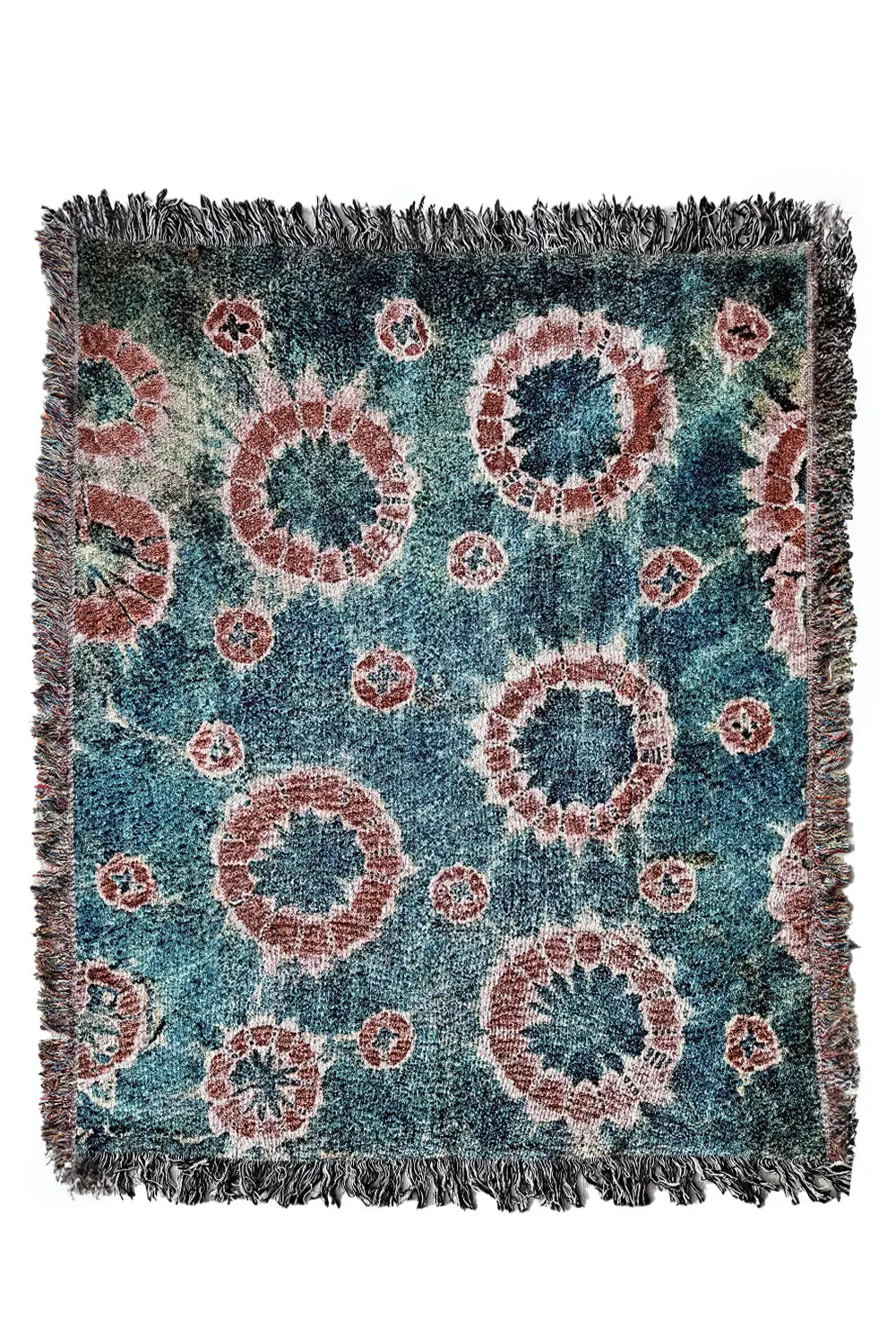 Blue and Red Tie Dye Cotton Woven Throw Blanket with Colorful Fringe - Perfect for Couch or Bed