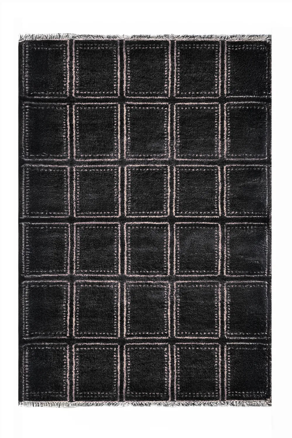 Modern black and white wool rug featuring a square graphic geometric design