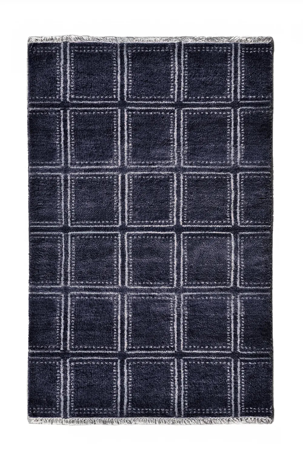 Blue geometric rug with square pattern hand knotted from luxurious wool