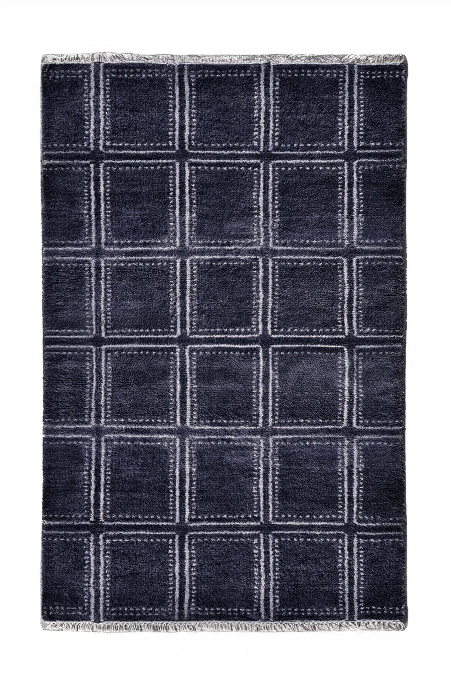 Blue geometric rug with square pattern hand knotted from luxurious wool