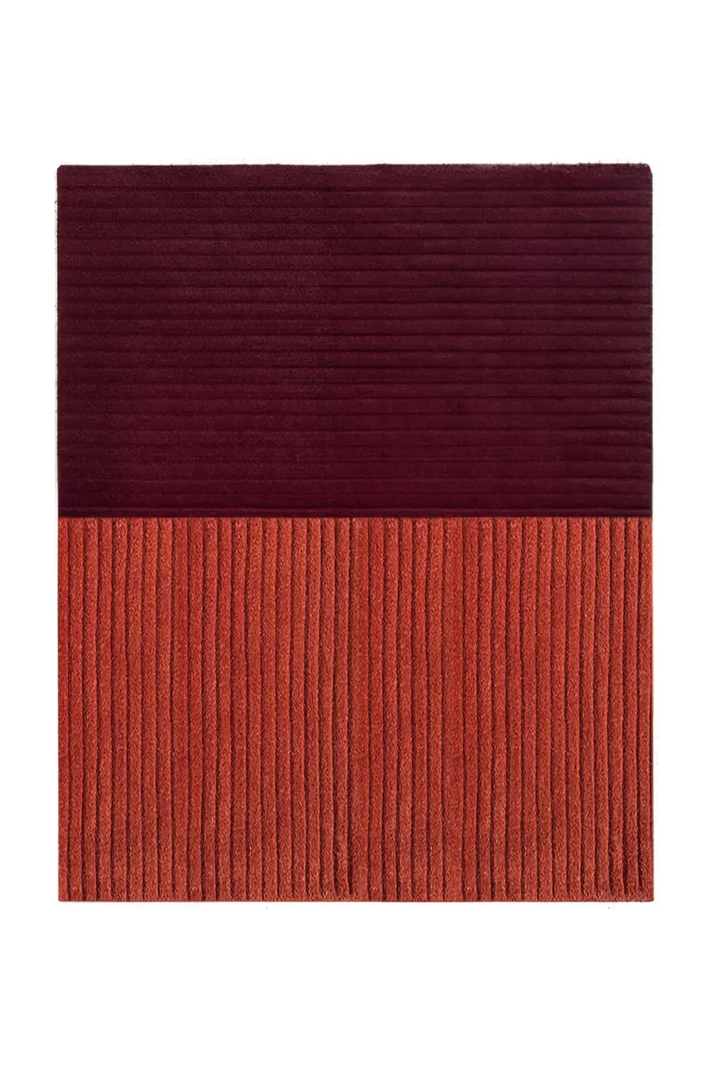 Overhead view of the Ridge Duo Rug in burgundy and burnt orange with textured ridges