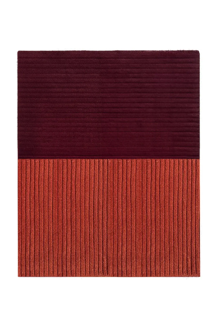 Burgundy and terracotta wool rug, rich warm colorblock rug for cozy spaces
