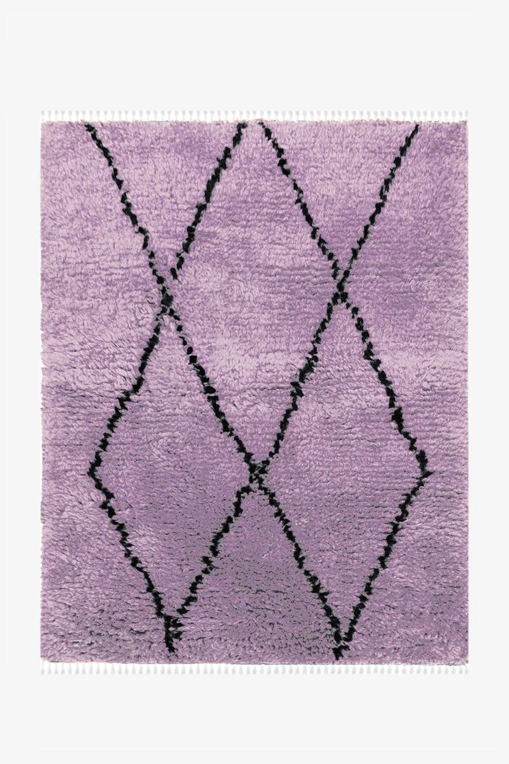 Plush Moroccan wool rug with deep, shaggy texture in purple and black