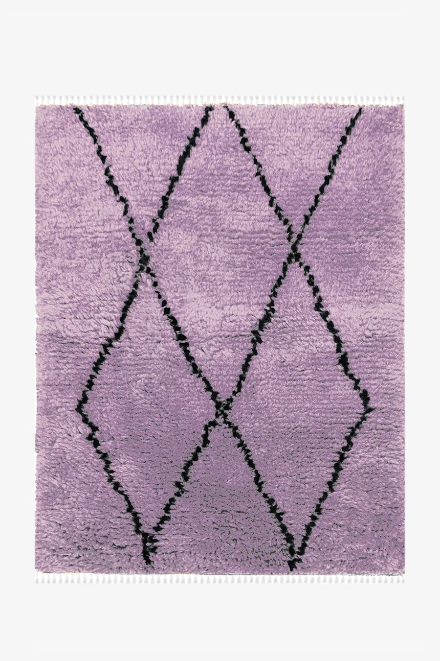 Plush Moroccan wool rug with deep, shaggy texture in purple and black