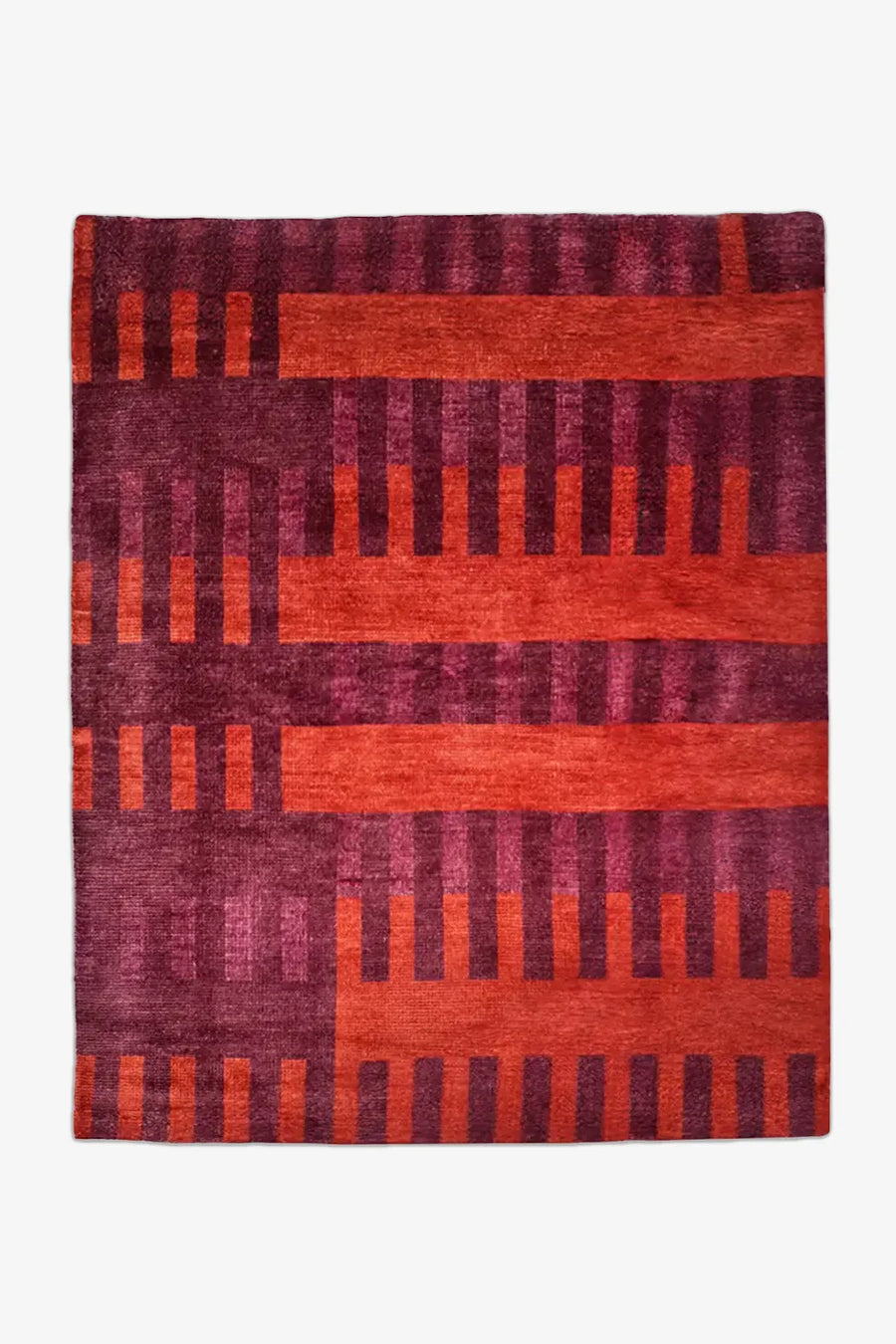Hand-knotted burgundy red stripe wool rug with deep maroon and rust tones