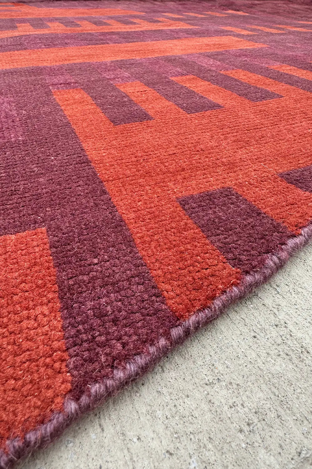 Modern Oushak Corner Rug in Red and Burnt Orange Wool with Unique Shape
