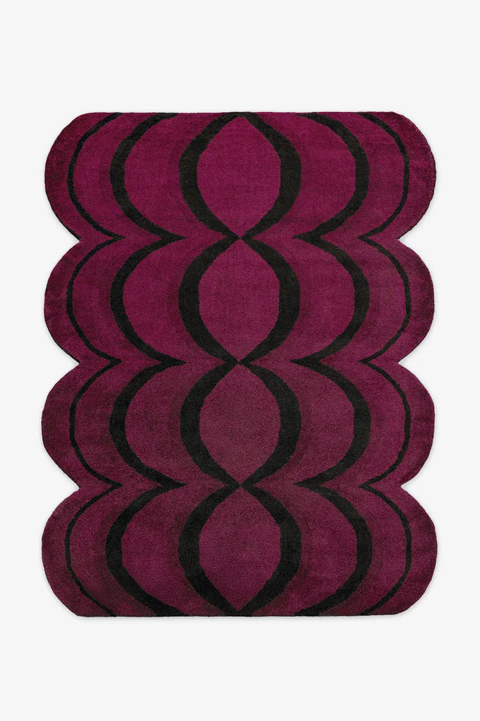 Modern 8x10 Ripple Wavy Tufted Wool Rug in deep Pink for Playroom or Nursery burgundy