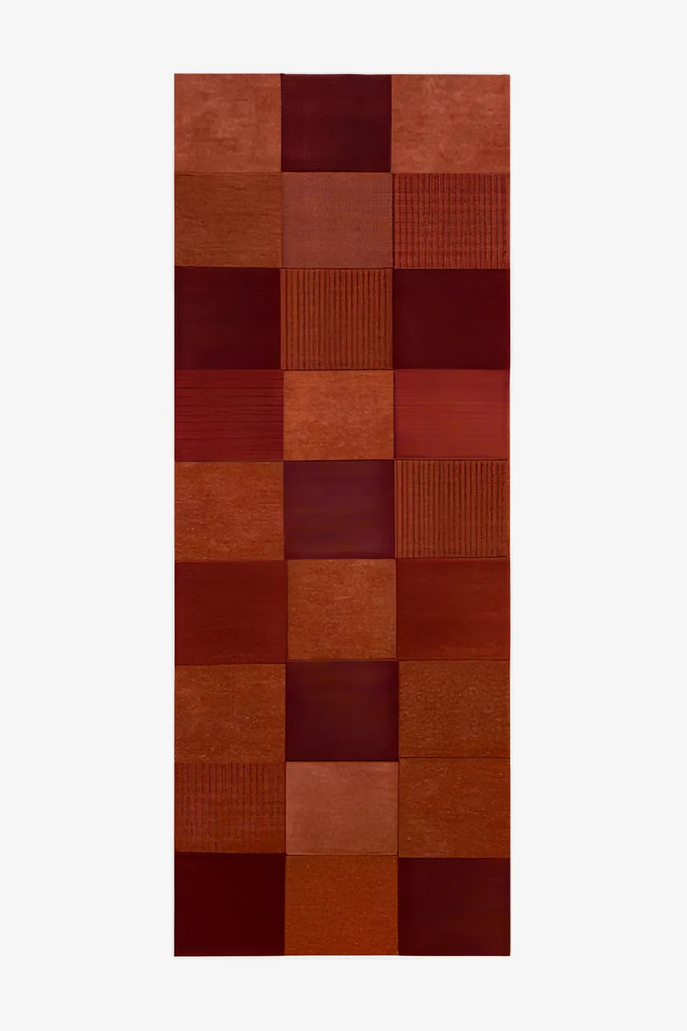 3x8 hallway runner rug with a modern geometric block pattern in burnt orange, burgundy and terracotta wool