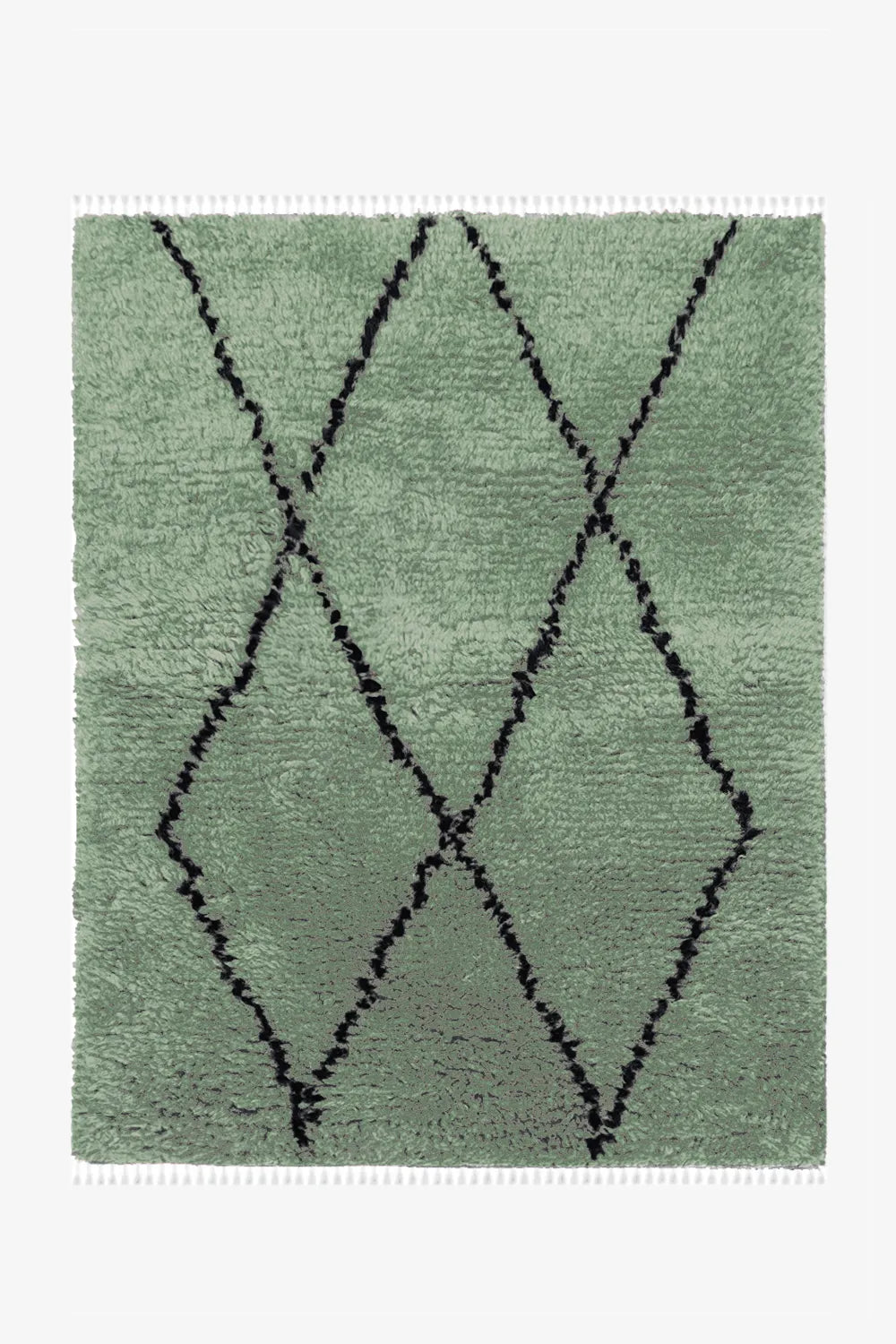 Colorful green Moroccan shag wool rug with diamond pattern.
