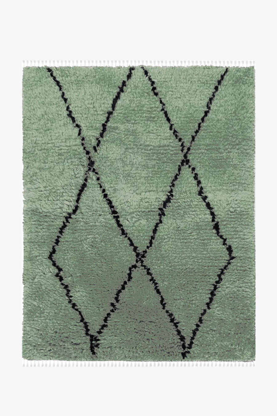 Colorful green Moroccan shag wool rug with diamond pattern.
