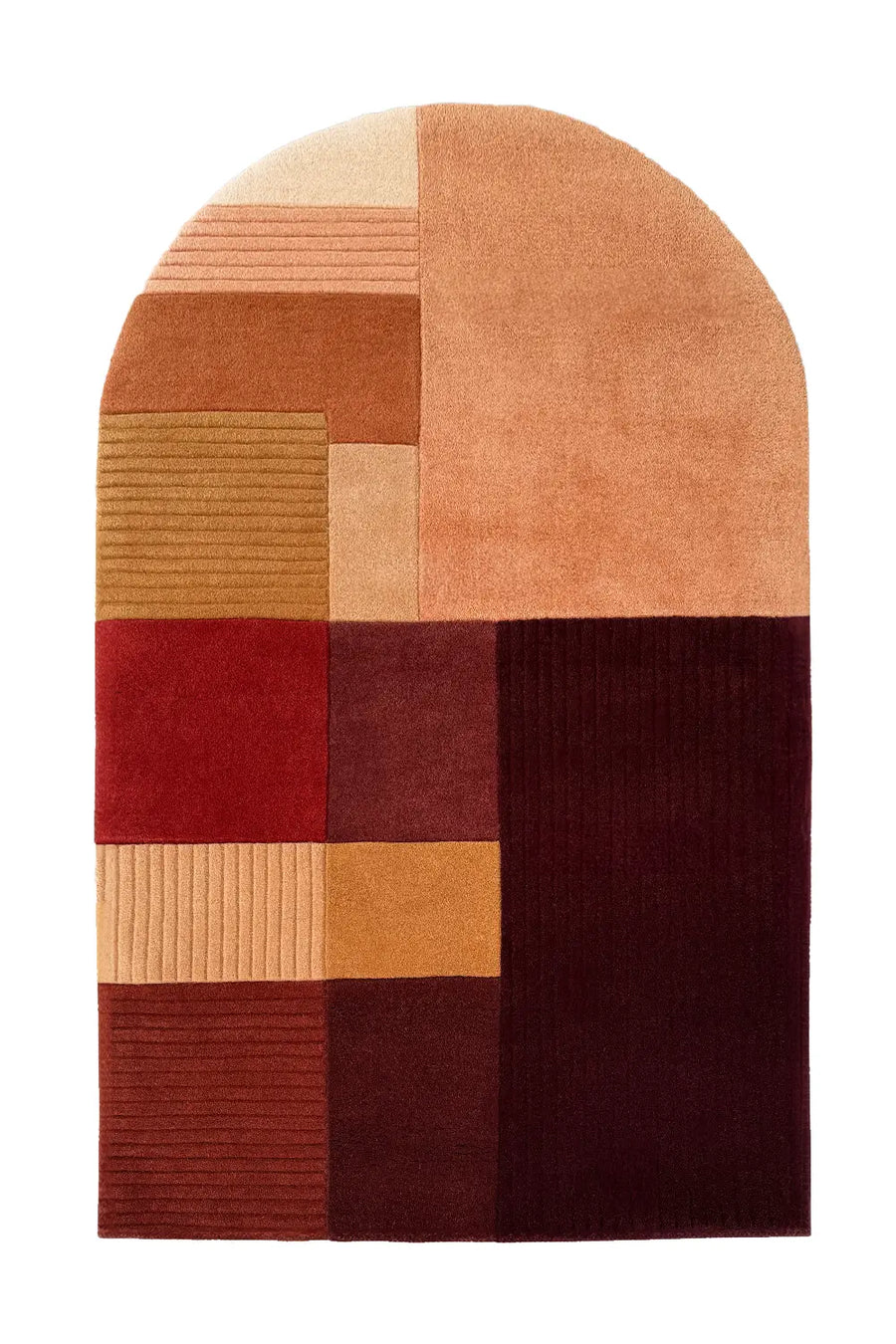 Sunset Mosaic Earth-Toned Wool Rug with Geometric Block Design and Arched Top