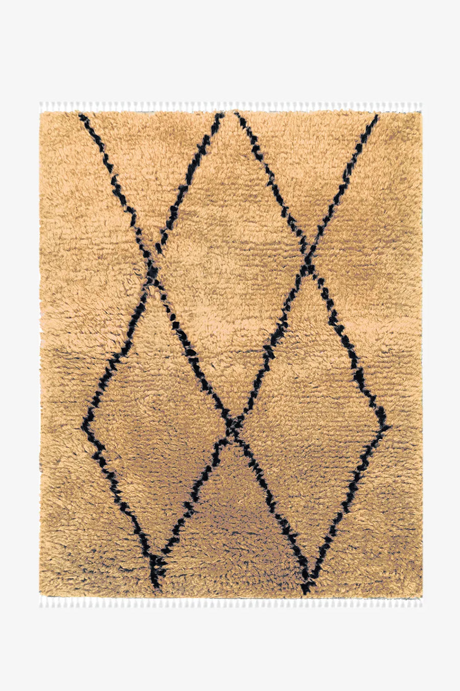 Golden yellow shag rug with black diamond detailing, bold boho rug ideal for eclectic living rooms and funky interiors

