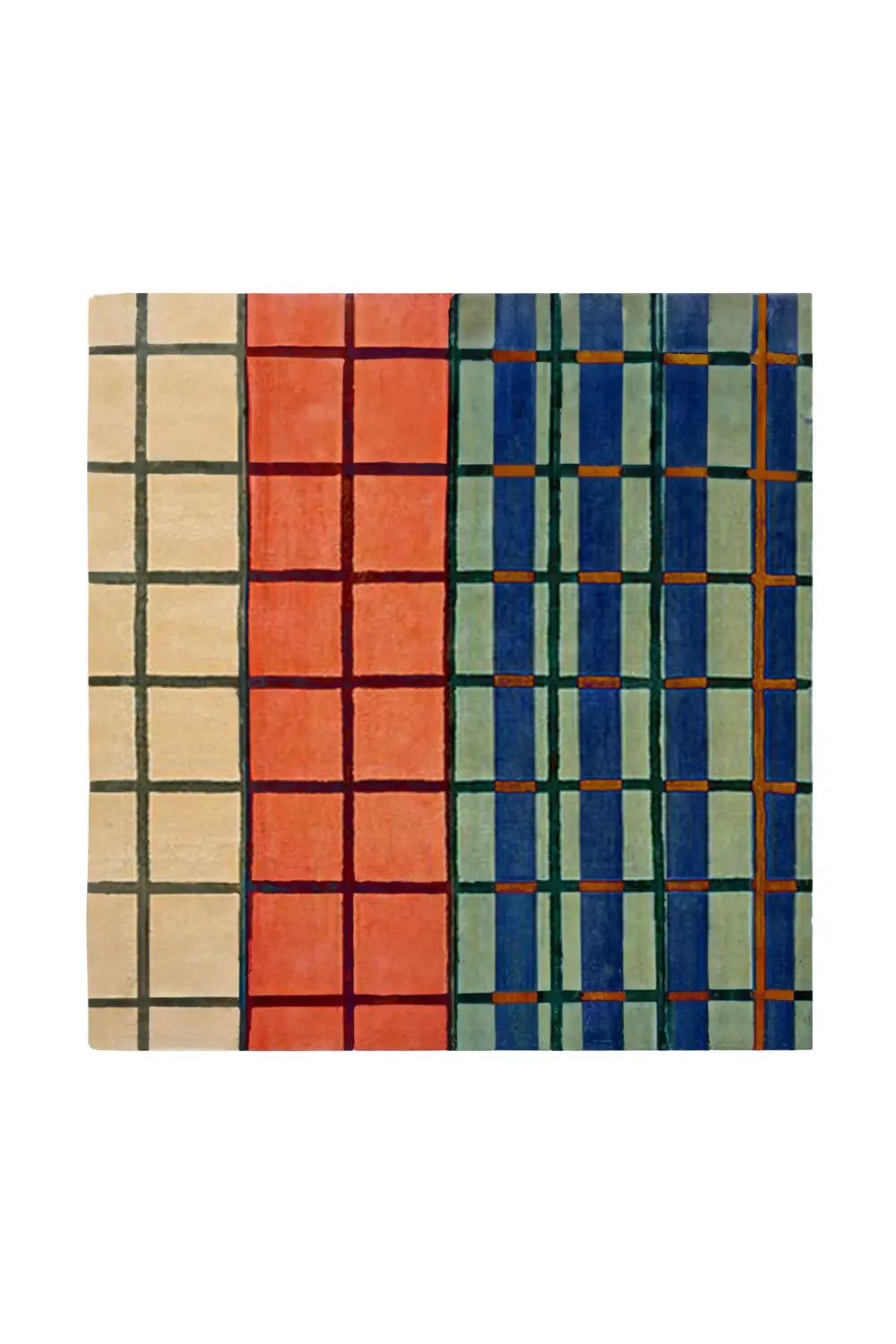 High-end wool rug with a structured multicolor grid design