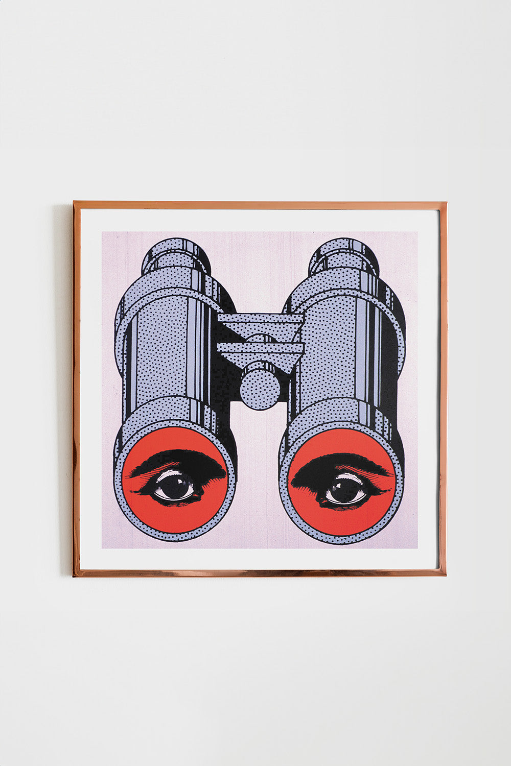 Square pop art of binoculars with illustrated eyes on a purple background.