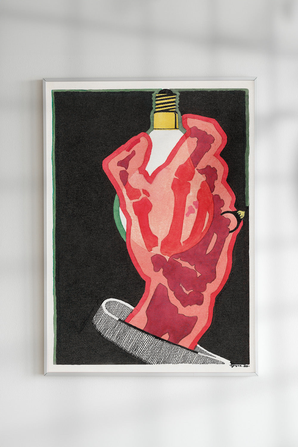 Vintage art of a translucent red hand screwing in a light bulb against a bold black background.