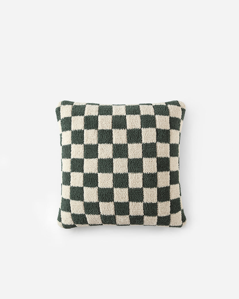 Textured green throw pillow showcasing its fun and unique checkers design.