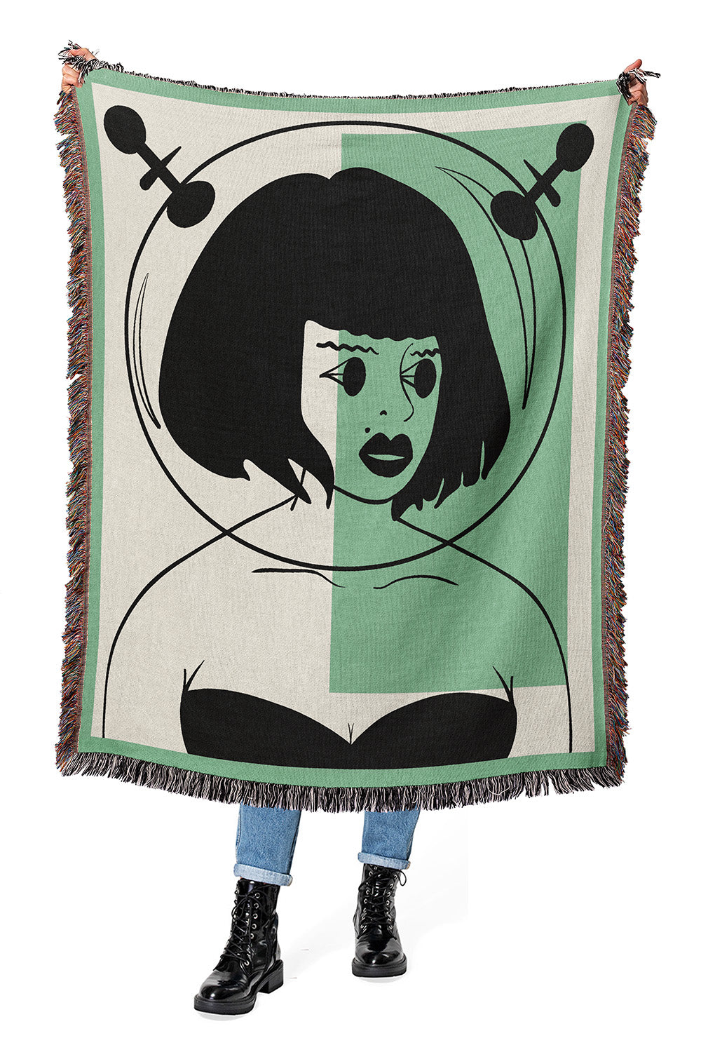 Galactic Muse Alien Cotton Woven Throw Blanket showcasing an alien art design in green, tan, and black.