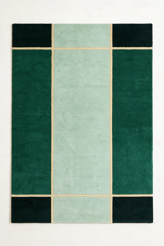 a axis hand-tufted wool rug in forest, mist, pine and soft yellow, shown flat from above