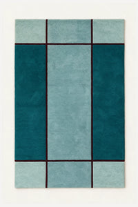 a axis hand-tufted wool rug in seafoam, spruce, teal and wine, shown flat from above