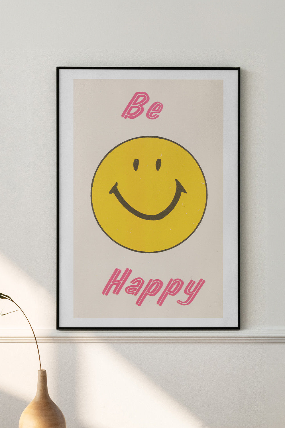 Yellow Smiley Face with pink Be Happy text on Moab Entrada Bright Rag paper