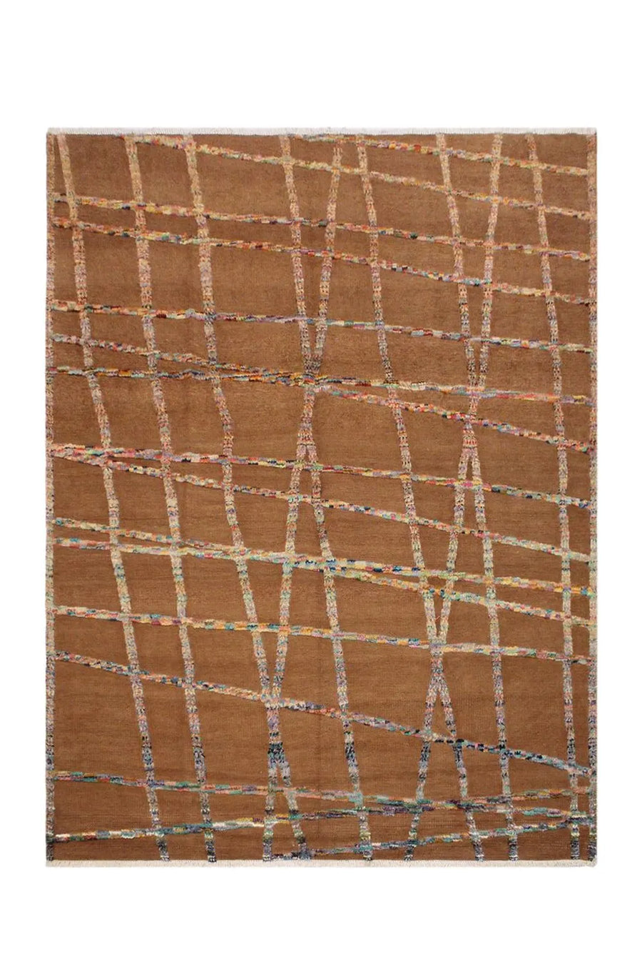 Handmade brown abstract rug with a modern earthy rainbow pattern.