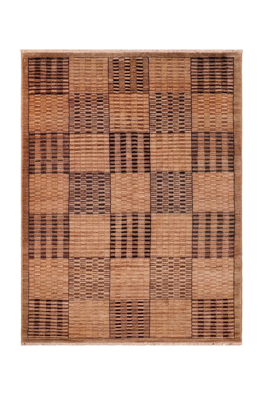 Hand-knotted brown checkered rug with a unique Gabbeh wool design.