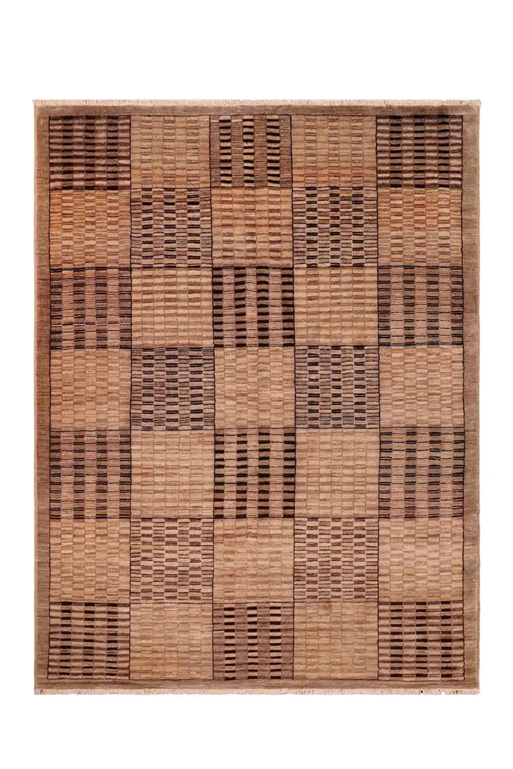 Flatlay of Brown and Tan Checkered Grid Hand-Knotted Wool Rug with a modern geometric design