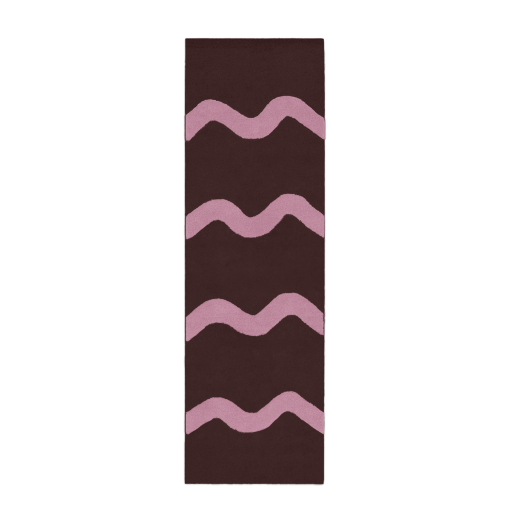 Chocolate brown wool runner rug with pink wavy stripes, modern boho hallway runner