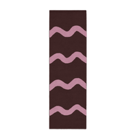 Chocolate brown wool runner rug with pink wavy stripes, modern boho hallway runner
